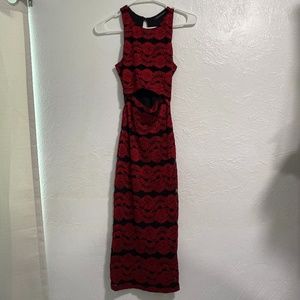 Black and Red Lace Fitted Midi Dress